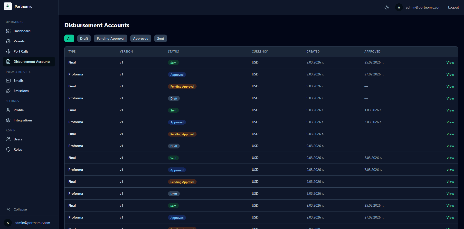 Portnomic disbursement accounts — Final and Proforma DAs